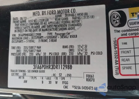 2013 Ford Fusion Se from USA, damaged, VIN 3FA6P0HR3DR112988